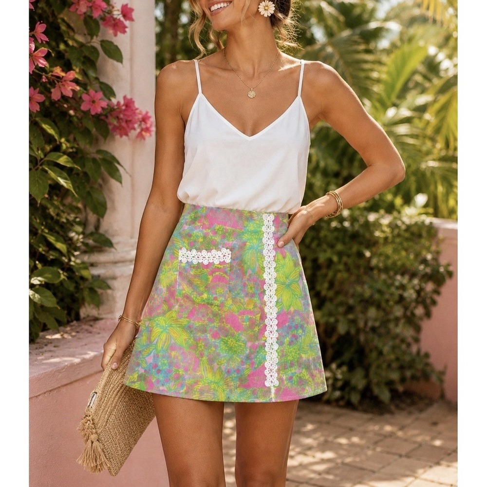 Lilly Pulitzer Big Squeeze Koala Print A-Line Mini Skirt Lace Trim Size 2